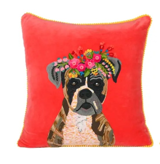 Embroidered Dog Throw Pillow