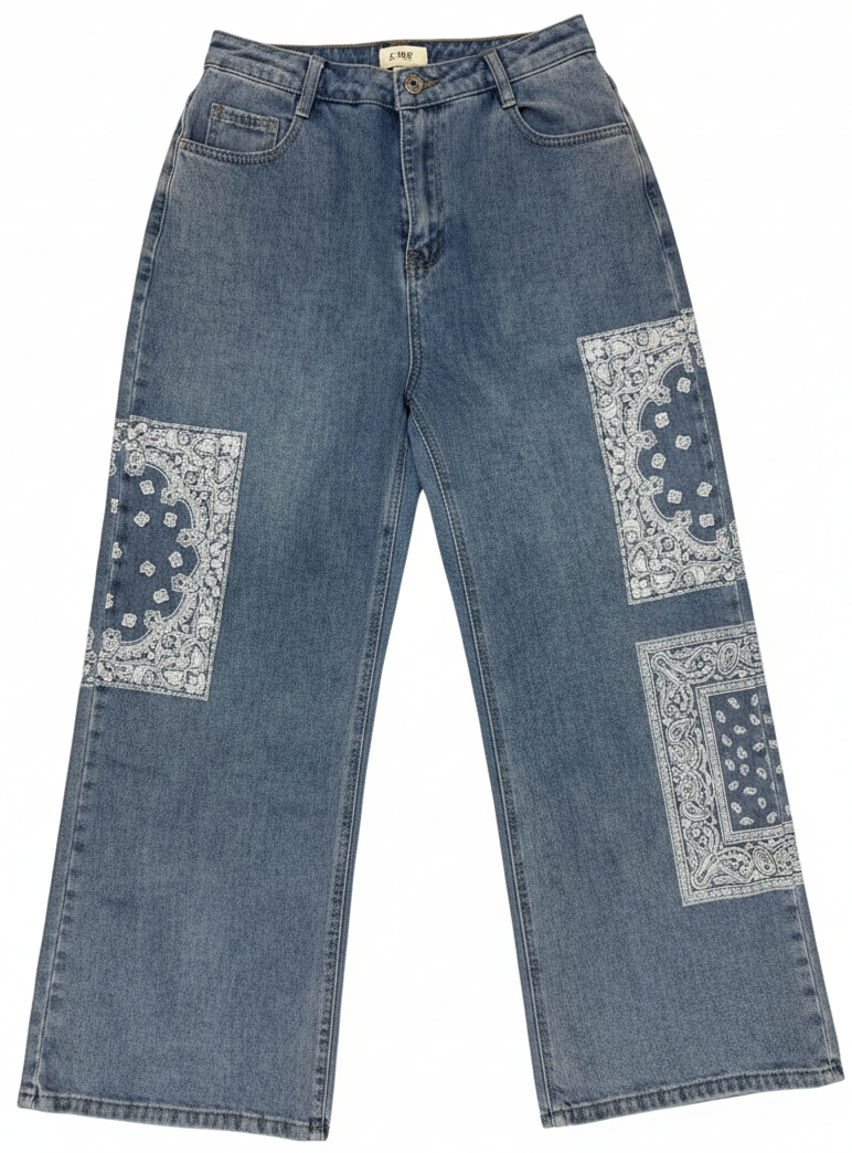 Denim Pants with Bandana Print