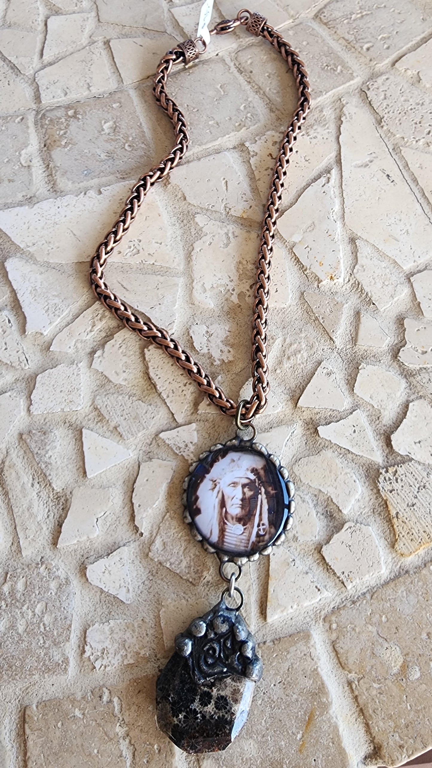 Copper Chiefs Head Pendant with Hanging Stone