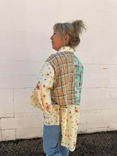 Long Sleeved Plaid and Flowers Blouse