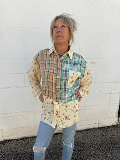 Long Sleeved Plaid and Flowers Blouse