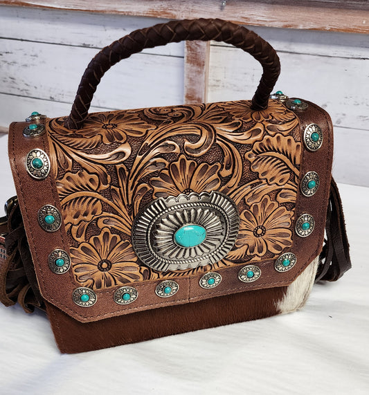 American Darling Tooled Leather and Hide Purse