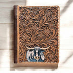 Lola tooled leather folder. Gorgeous, tooled longhorn on front.