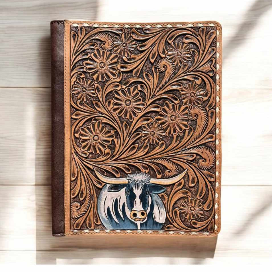 Lola tooled leather folder. Gorgeous, tooled longhorn on front.