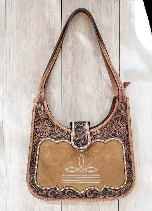 Boot stitched tooled leather and suede ladies shoulder bag