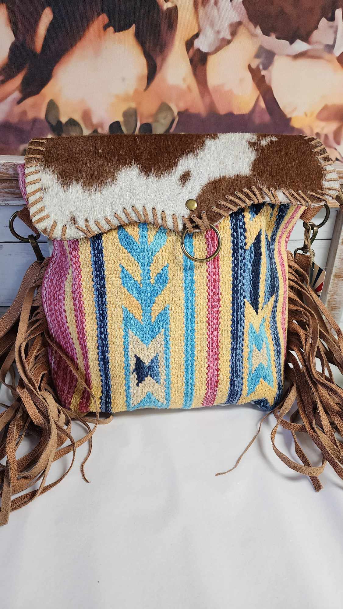 Boho Cowhide & Woven Fringe Crossbody