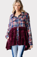 Flannel button down blouse with velvet layered ruffle