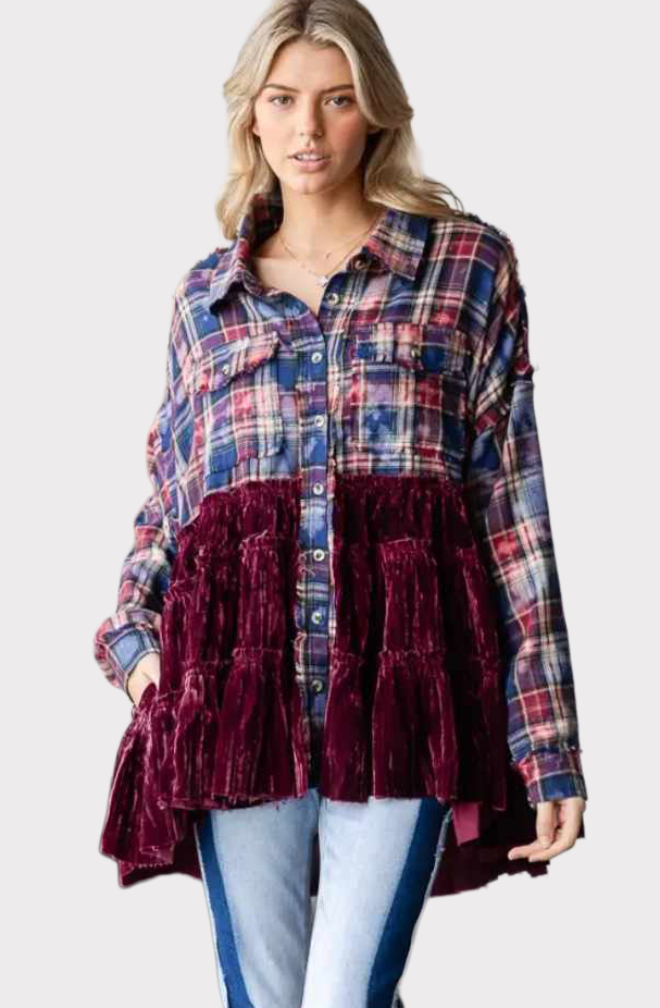 Flannel button down blouse with velvet layered ruffle