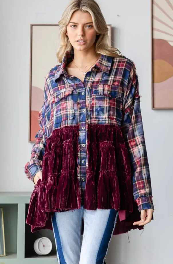 Flannel button down blouse with velvet layered ruffle