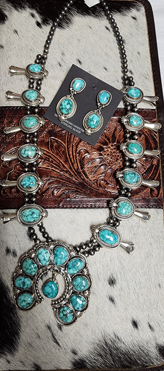 Kingman Turquoise Squash Blossom Necklace and Earrings