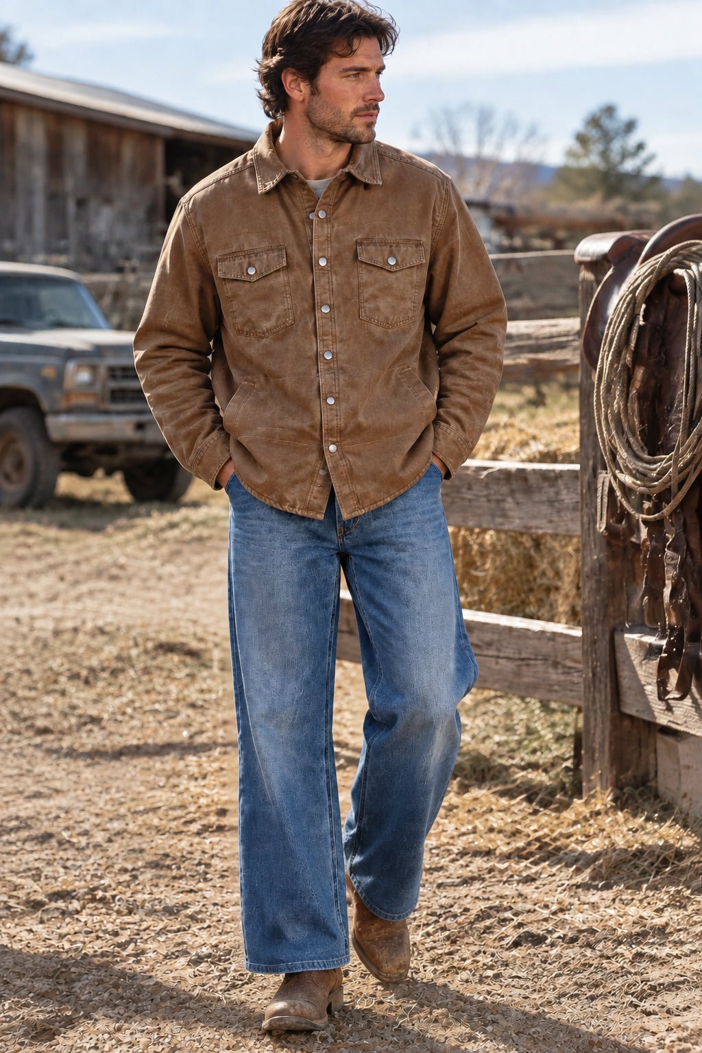 A brown button-up shirt jacket with two chest flap pockets.