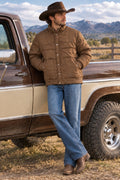 A brown quilted puffer jacket.