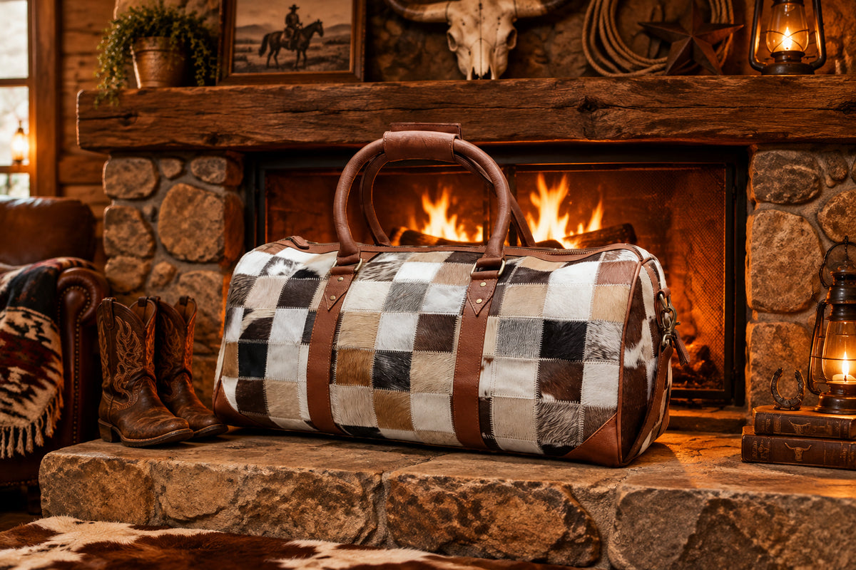 A large patchwork cowhide duffel bag with brown leather handles and trim, displayed on a rustic table inside a retail store.