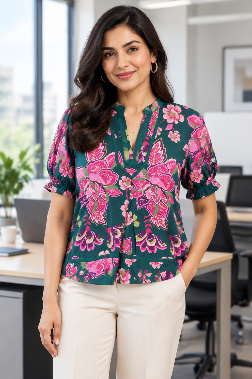 A women's short-sleeve blouse with a vibrant pink and green floral print.