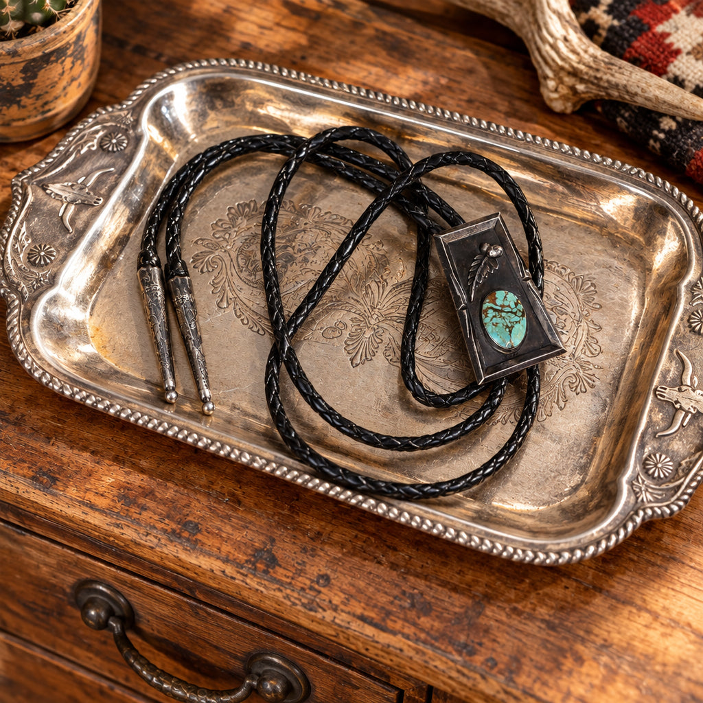 Black Braided Bolo Tie with Square Turquoise Inlay – men's western accessory