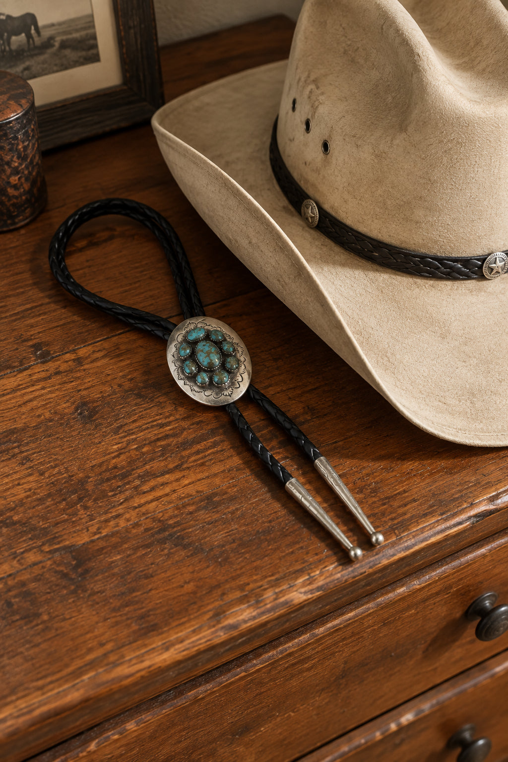 Black Braided Leather Bolo Tie with Round Turquoise Pendant – men's western accessory