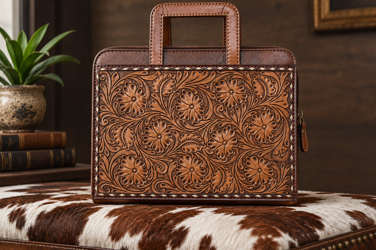 Hand tooled leather briefcase.