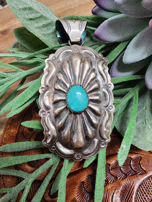 Tim Yazzie Navajo Silver Kingman Turquoise Concho Pendant