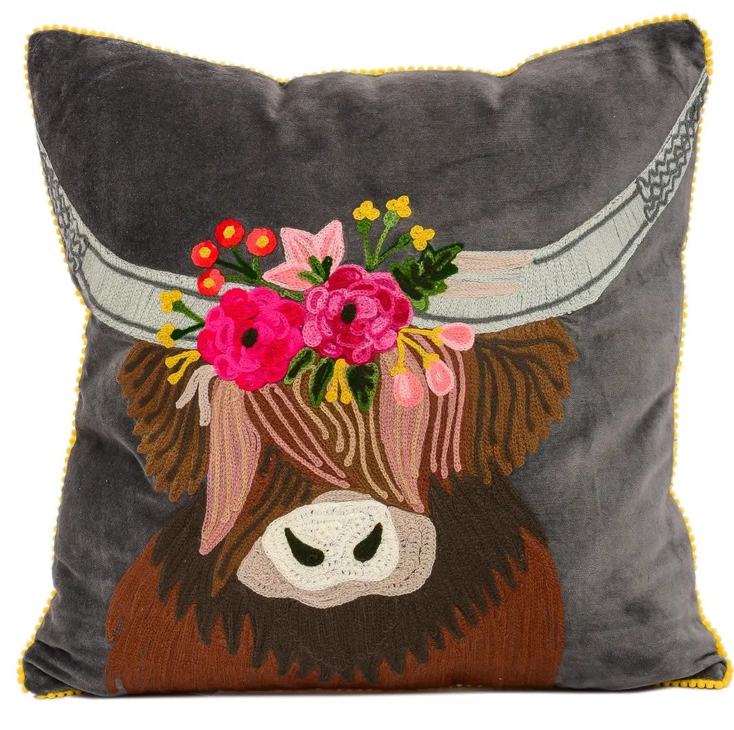 Embroidered Highland Cow Pillow