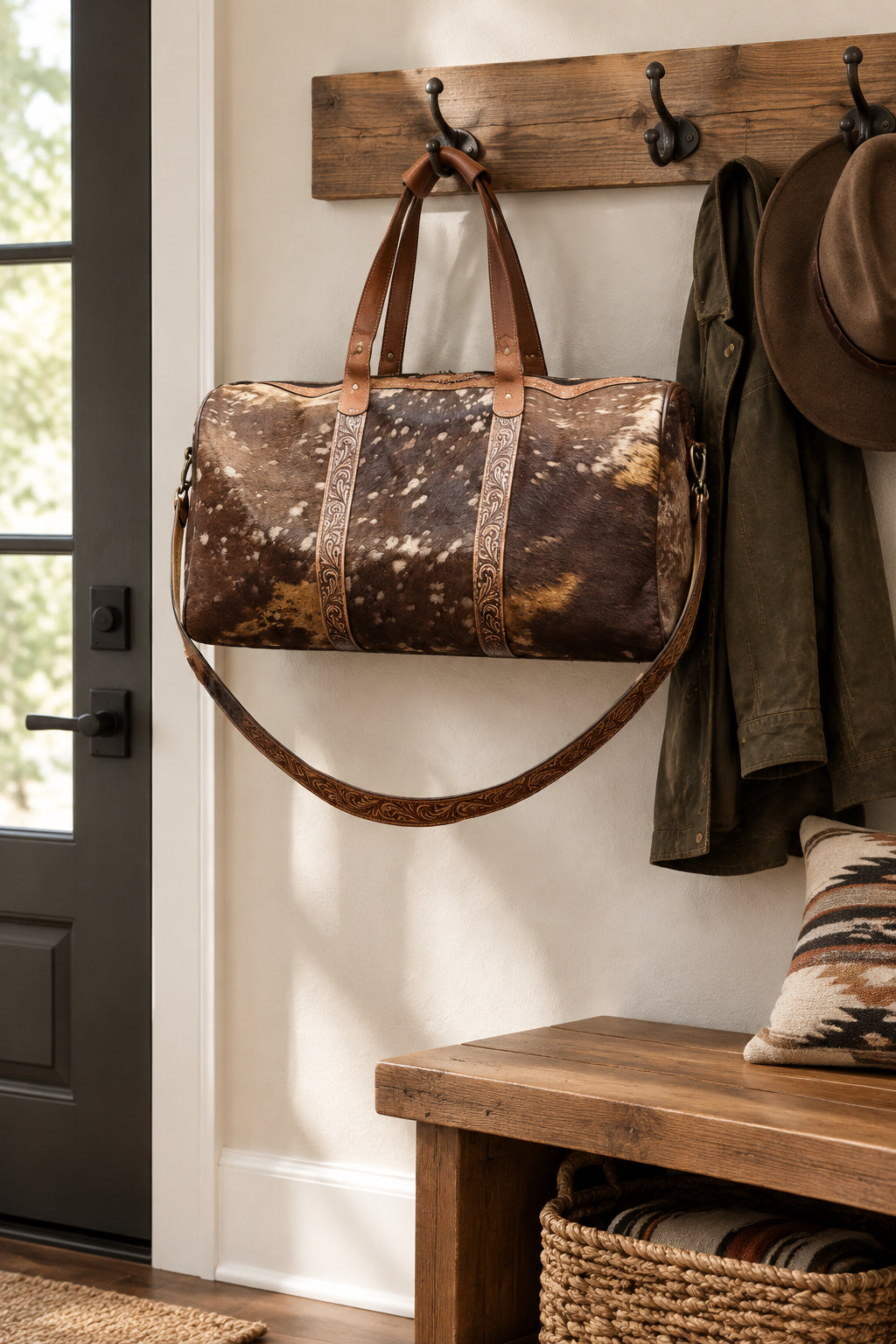 Cowhide Duffel Bag with Embossed Leather Straps