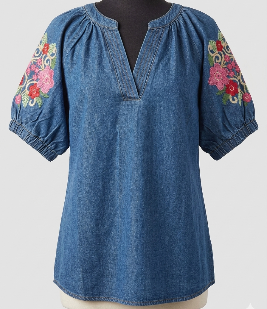 Umgee Denim Embroidered Sleeve Blouse