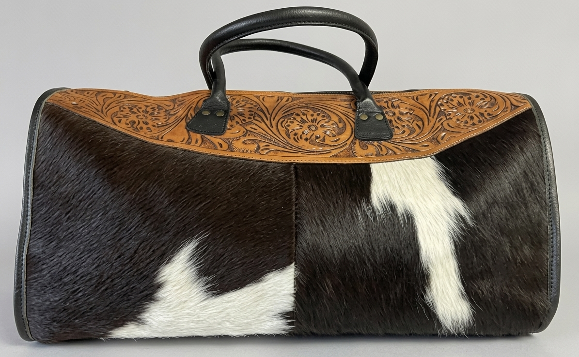 Tooled Leather and Cowhide Duffle Bag