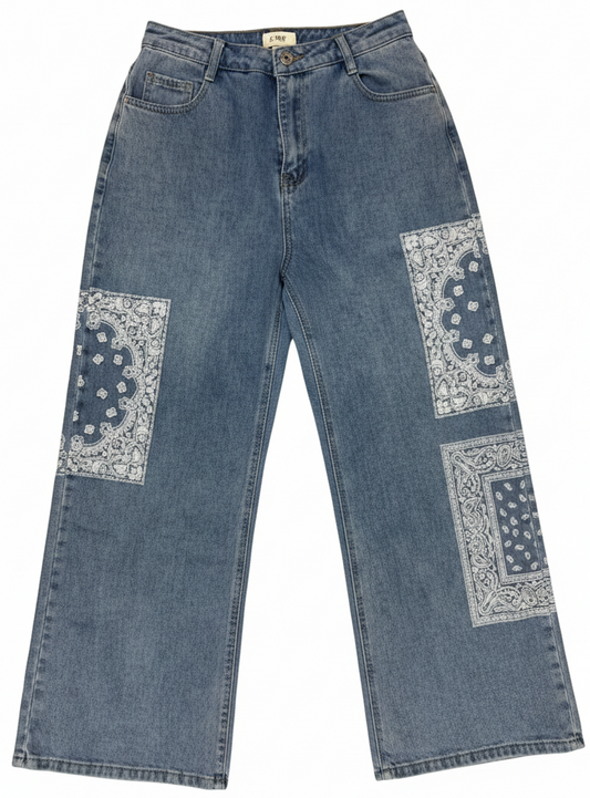 Denim Pants with Bandana Print