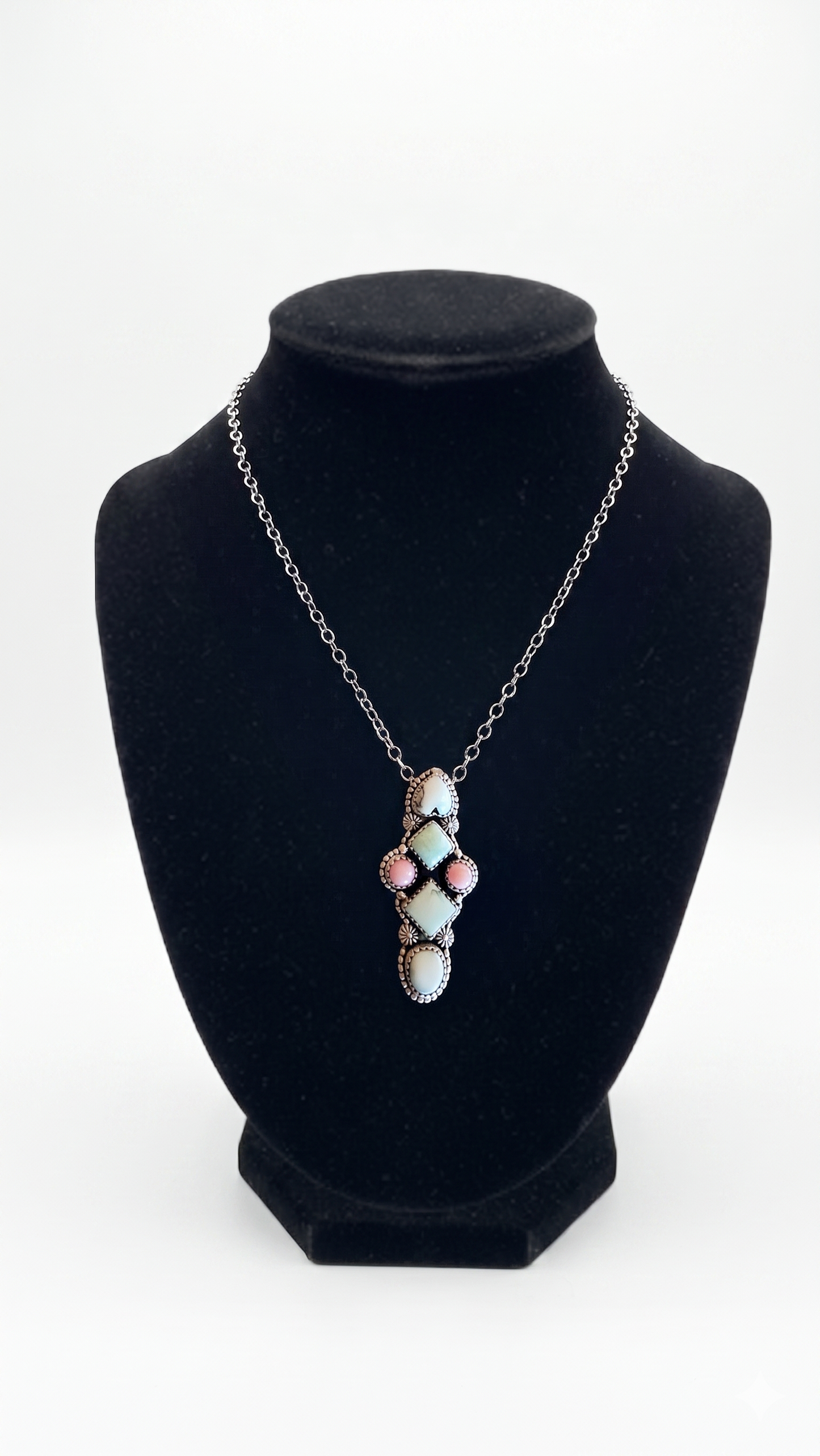 Handcrafted Sterling Silver Variscite & Pink Conch Statement Necklace
