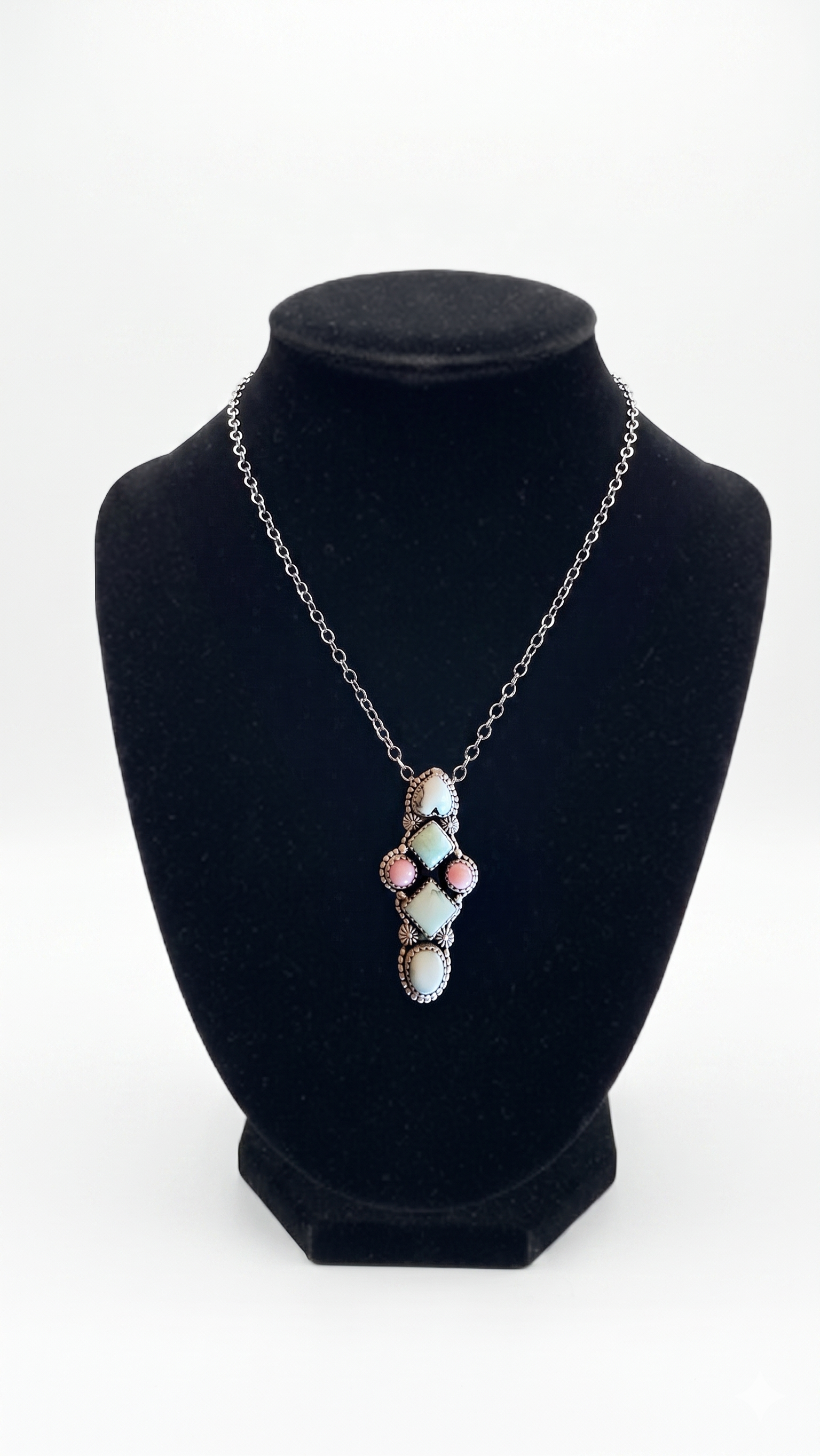 Handcrafted Sterling Silver Variscite & Pink Conch Statement Necklace
