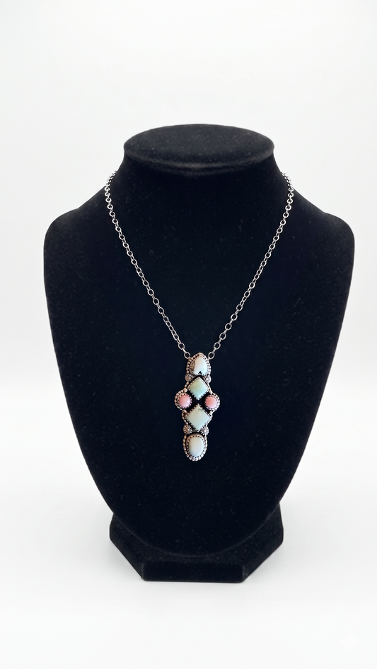 Handcrafted Sterling Silver Variscite & Pink Conch Statement Necklace