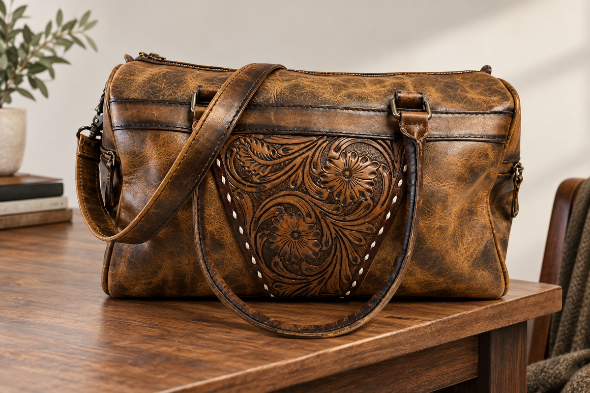 Leather Duffle with Tooled Leather Accent – western travel bag