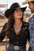 Navajo Handmade Sterling Silver Kingman Turquoise Concho Necklace – By Lavina Benally