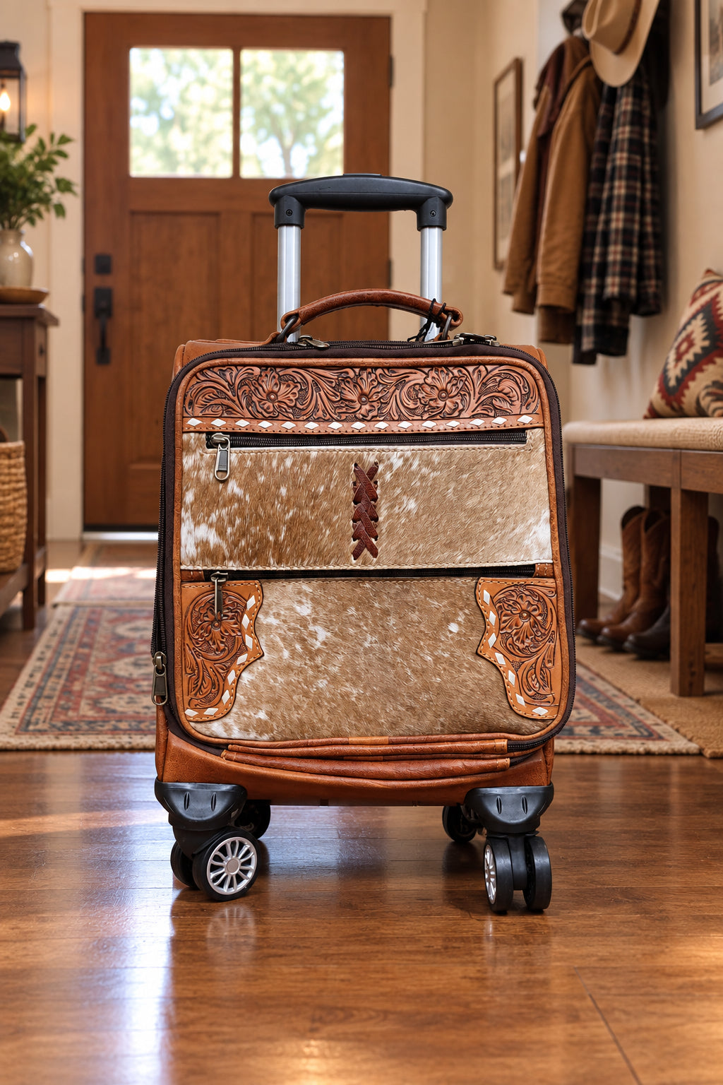 Tooled Leather & Cowhide Rolling Suitcase – western travel bag