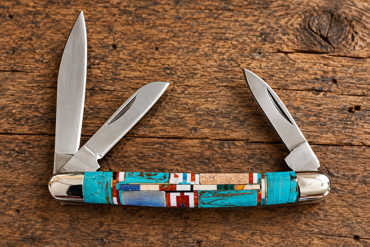 Southwestern Style Multi-Blade Mosaic Inlay Pocket Knife – men's western accessory