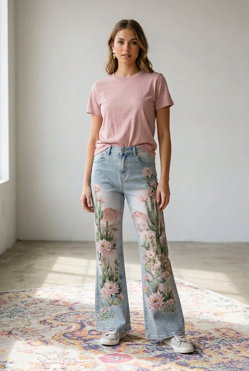 Turquoise Haven Cactus Flower Jean