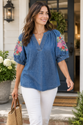 Umgee Denim Embroidered Sleeve Blouse