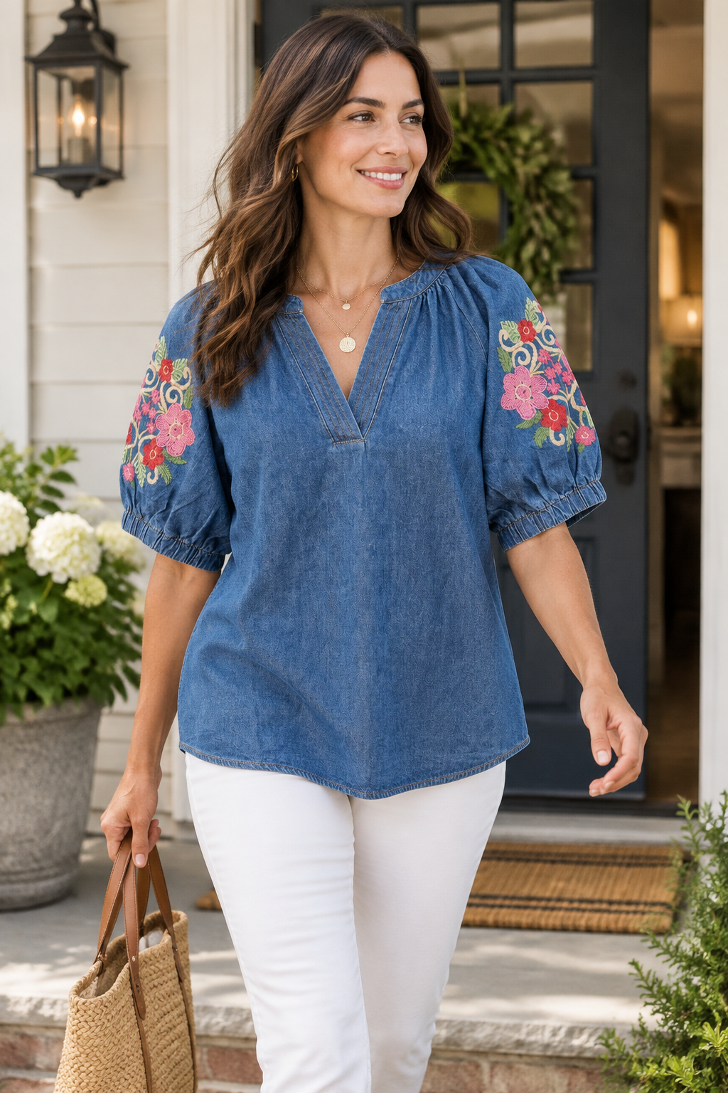 Umgee Denim Embroidered Sleeve Blouse