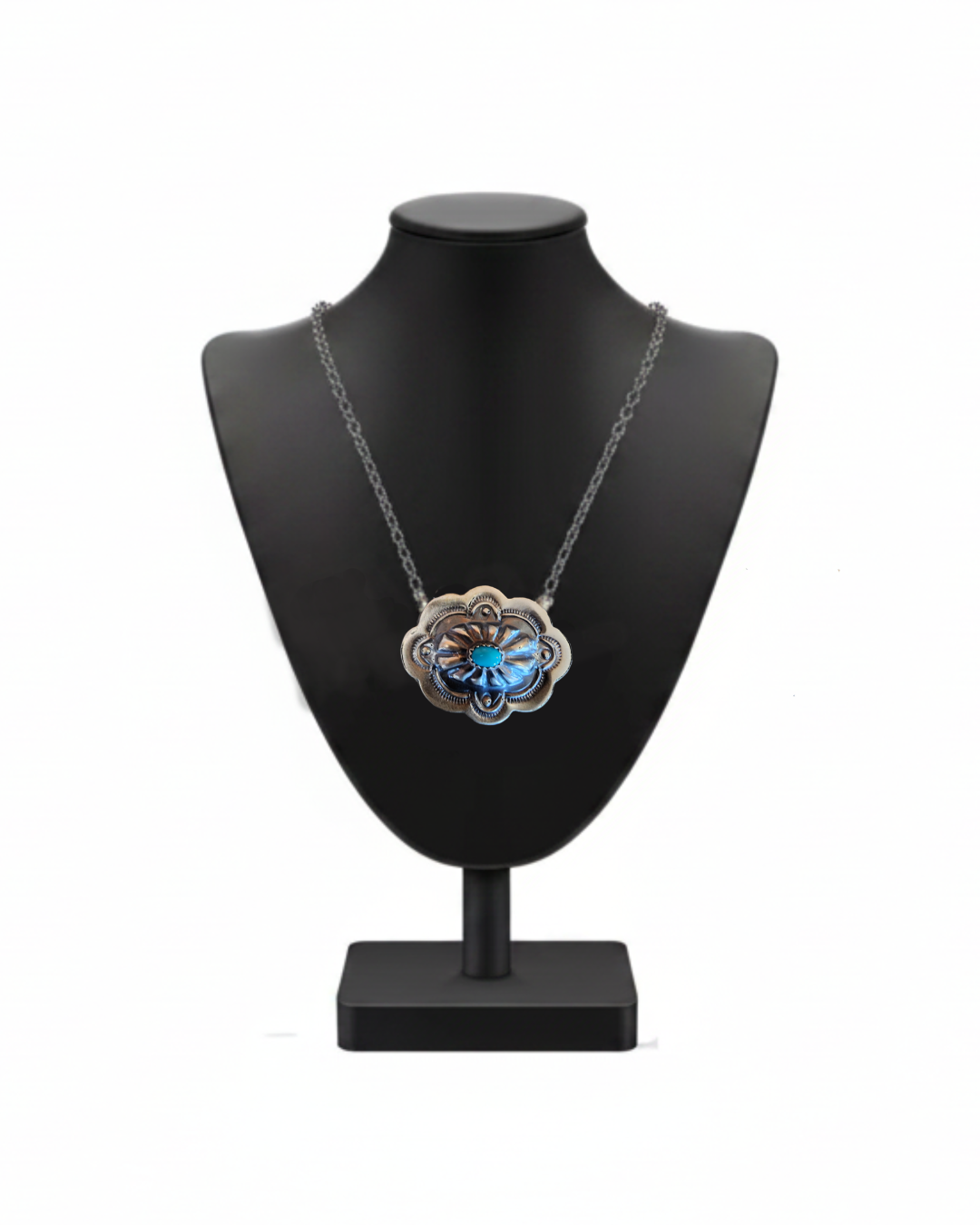 Navajo Handmade Sterling Silver Kingman Turquoise Concho Necklace – By Lavina Benally