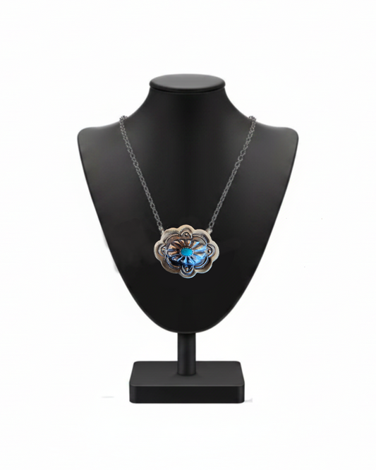 Navajo Handmade Sterling Silver Kingman Turquoise Concho Necklace – By Lavina Benally
