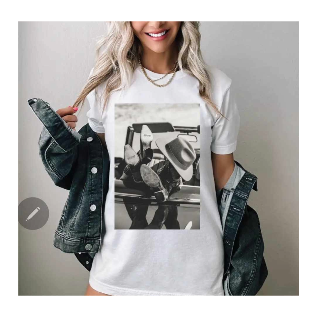 White t-shirt BOOTS IN A CADILLAC