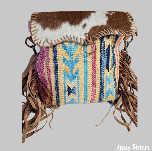 Boho Cowhide & Woven Fringe Crossbody