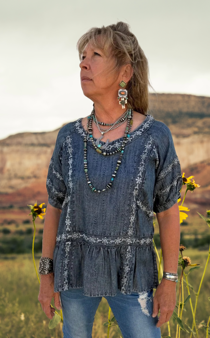 Denim Embroidery Blouse