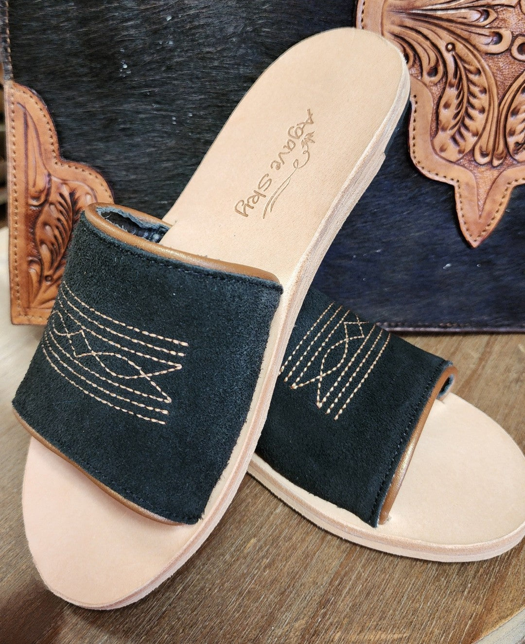 Suede Boot Stitch Leather Slide