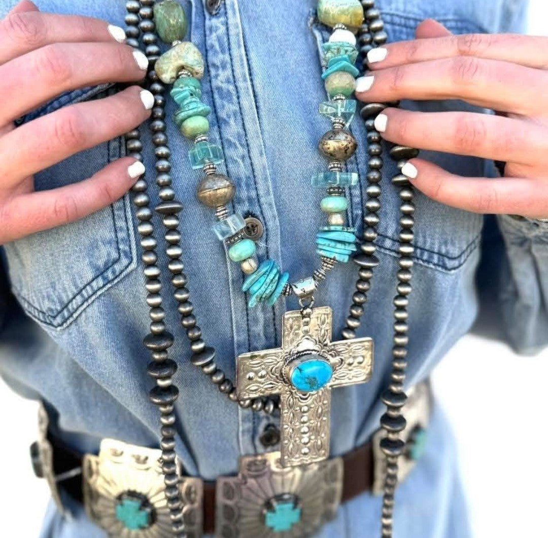 Chunky Turquoise Silver Cross Necklace