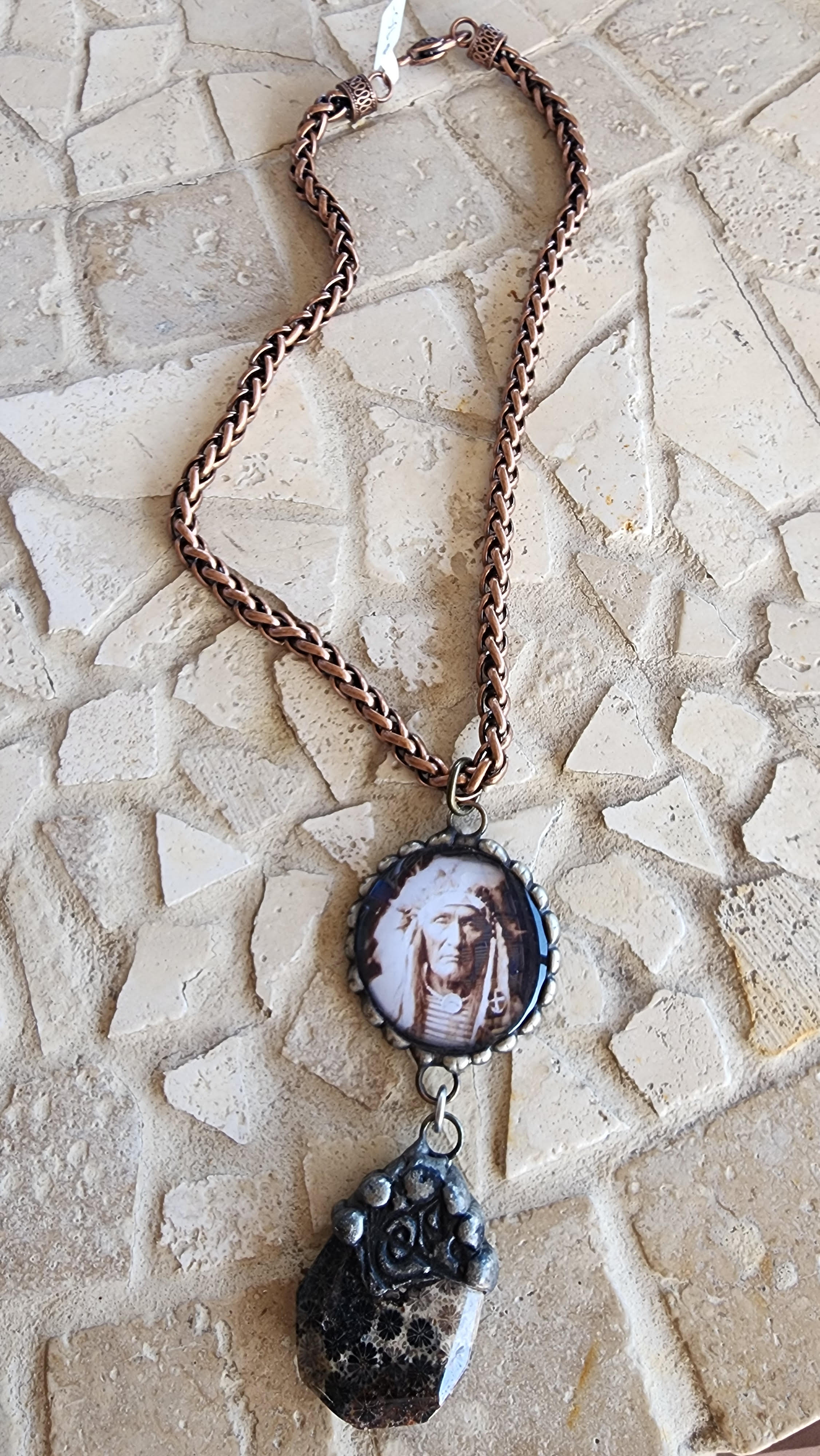 Copper Chiefs Head Pendant with Hanging Stone