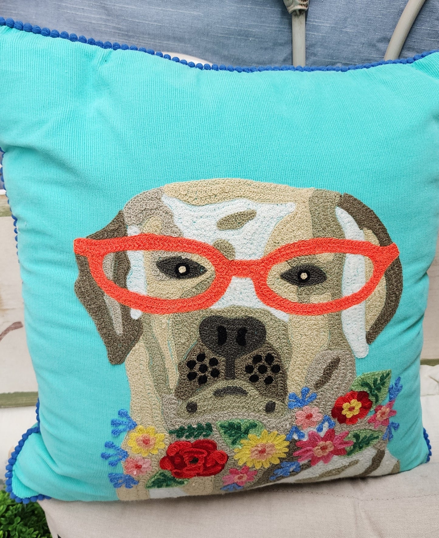 Embroidered Dog with Glasses Throw Pillow