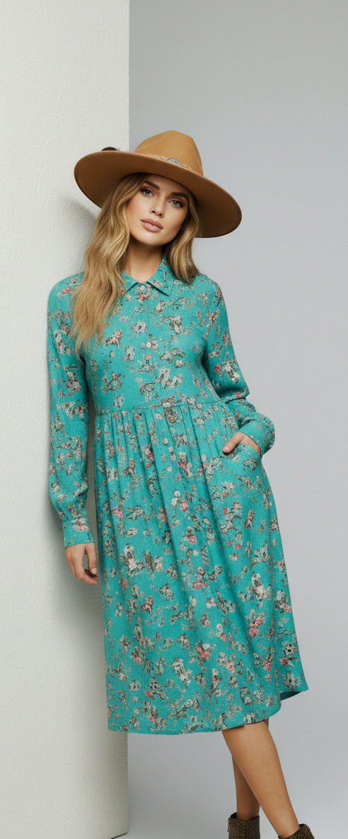Model leaning against a wall wearing a teal floral shirt dress with a brown felt hat.