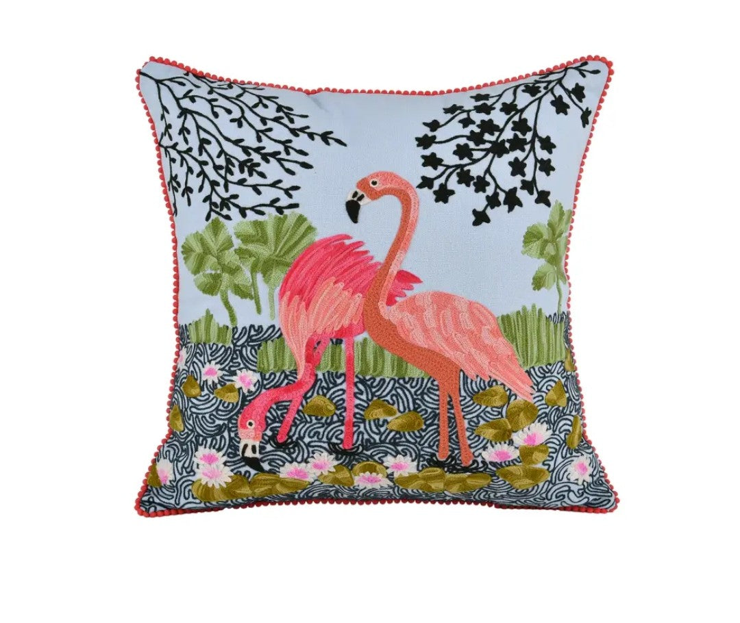 Embroidered Flamingo Throw Pillow