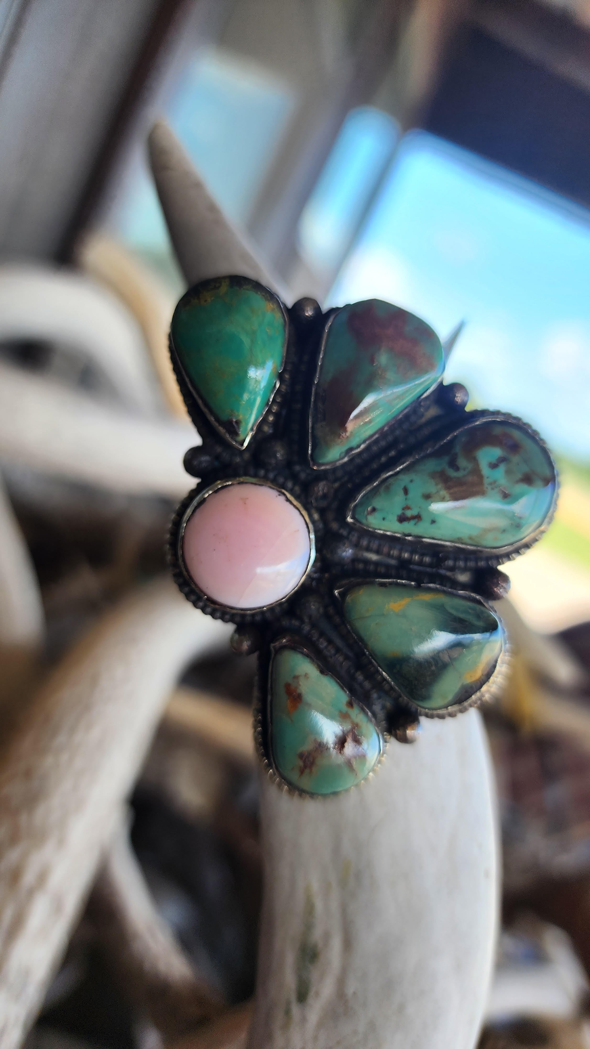 Turquoise and Pink Conch Half Cluster Ring