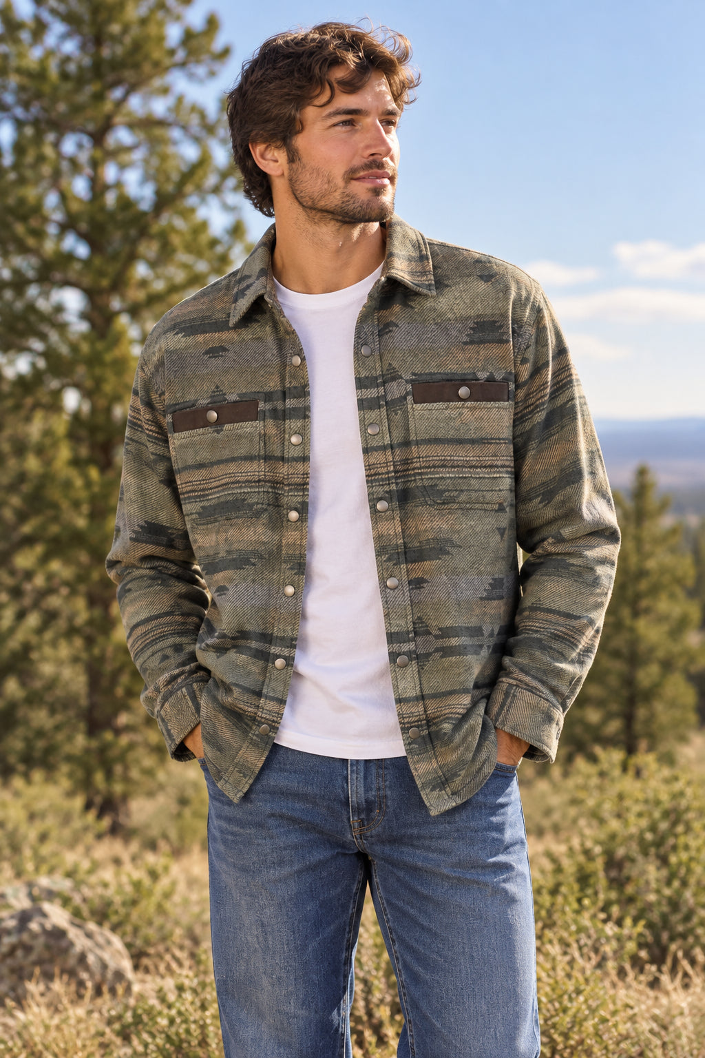 A long-sleeve button-up jacket with a muted southwestern pattern in olive green, beige, and brown.